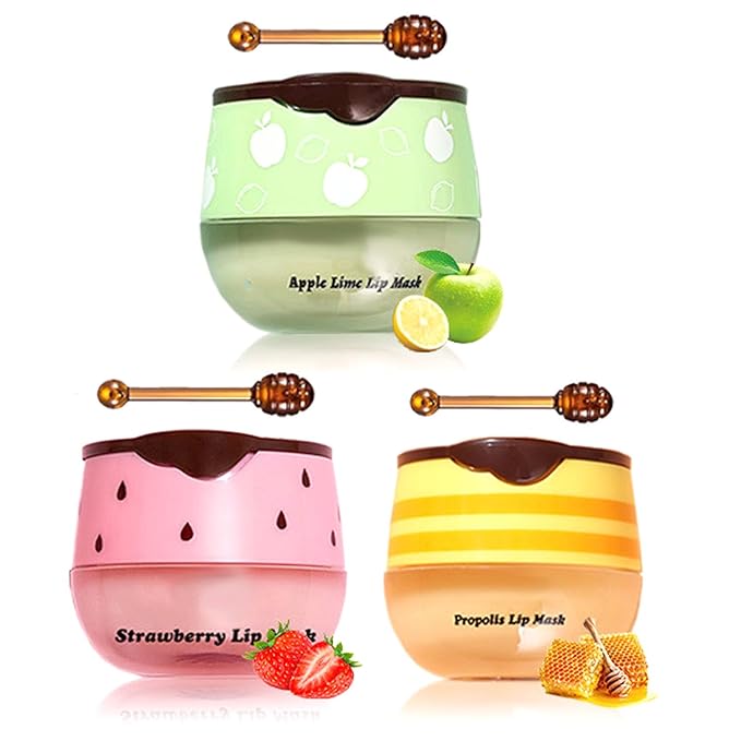 3Pcs Honey Lip Balm Honey Pot, Strawberry& Apple Lime Lip Mask Overnight Propolis Moisturizing Lip Balm Hydrating Prevention Dry and Crack Lip Scrubs Exfoliator, Beeswax with Vitamin E
