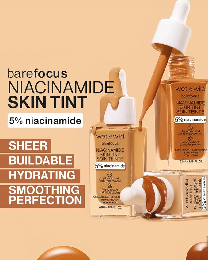 wet n wild Bare Focus Skin Tint, 5% Niacinamide Enriched,Buildable Sheer Lightweight Coverage,Natural Radiant Finish,Hyaluronic & Vitamin Hydration Boost,Cruelty-Free & Vegan-Light Medium Sand