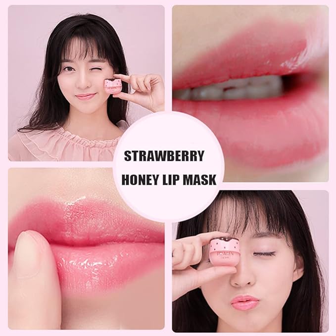 2Pcs Strawberry Vitamin E Lip Masks，Lip Balm Honey Pot，Hydrating & Prevention Dry and Cracked Lip Scrubs Exfoliator，Lip Sleep Mask Reduces Lip Lines，Lip Exfoliating Balm Sleeping Lip Mask