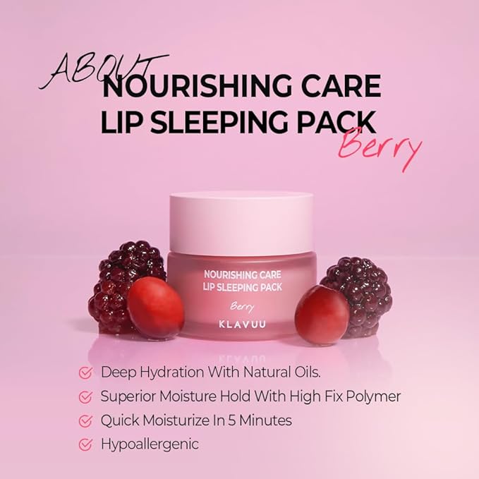 Klavuu Nourishing Care Lip Sleeping Pack (Vanila & Berry) - Overnight Exfoliating & Nourishing Lip Treatment Balm for Dry Lips - Natural Moisturizing Lip Oil - Lip Balm to Repair & Protect Lips