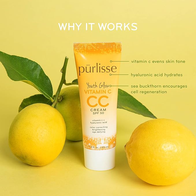 pūrlisse Youth Glow Vitamin C CC Cream SPF 50: Cruelty-Free & Clean, Paraben & Sulfate-Free, Full Coverage, Hydrates with Hyaluronic Acid | Fair 1.4oz