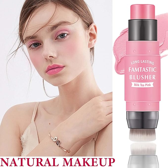 Cream Blush Stick,Blush Stick for Cheeks with Contour Brush,3-in-1 Long Lasting Waterproof Blush&Eye Shadow&Lip Gloss for Fair Skin Types（01 Milk Tea Pink）