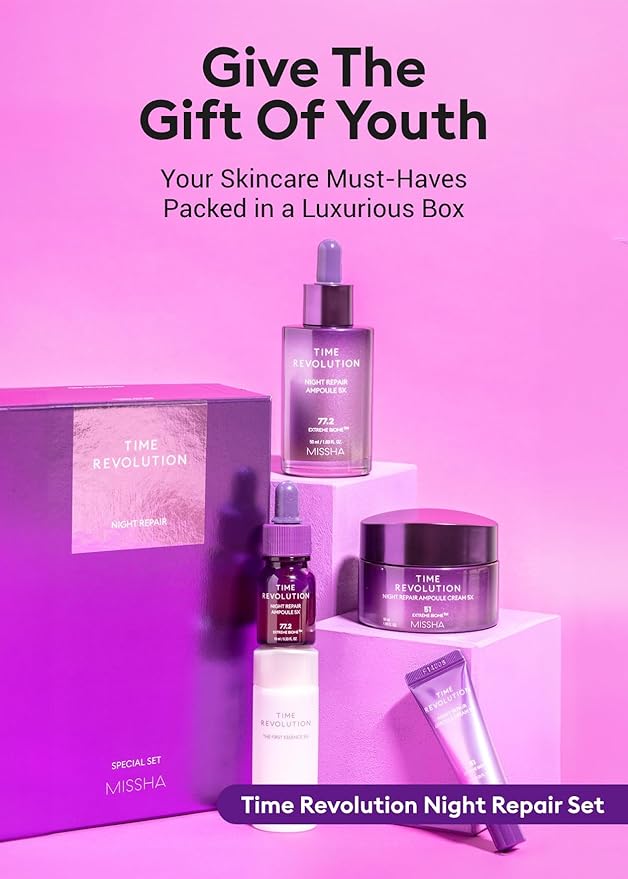 MISSHA Time Revolution Night Repair 5X Gift Set Night Repair Ampoule and Cream 5X, The First Essence 5X for Youthful, Glowing Skin