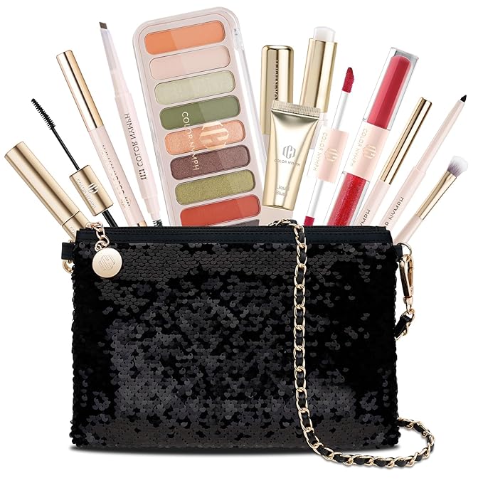 Color Nymph Teen Girls Makeup Kits, All In One Makeup kit For Girls Makeup For Teen Girls with Sequin Bag Packed Individually 9 Colors Eyeshadow Liquid Blush Lip gloss Mascara -Orange Green