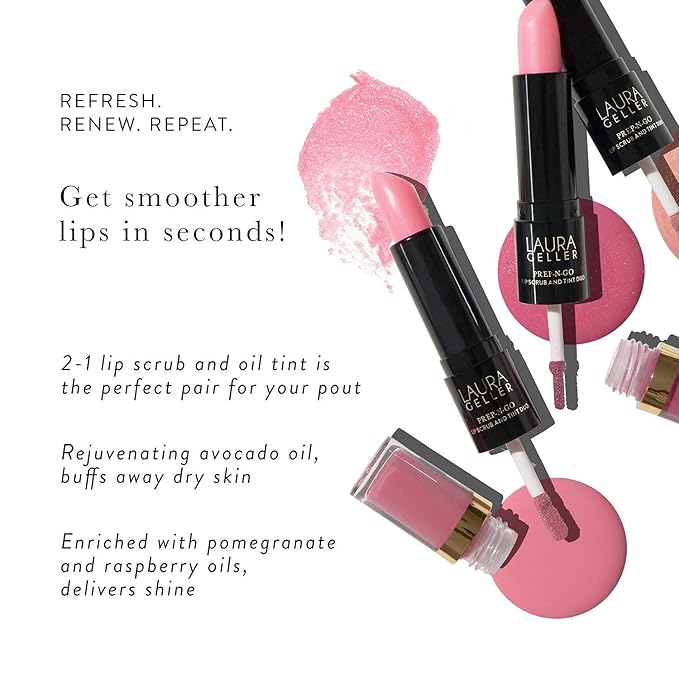 LAURA GELLER NEW YORK Prep-n-Go 2-in-1 Lip Scrub and Lip Oil Tint, Lip Hydrating Oil and Exfoliator, First Place