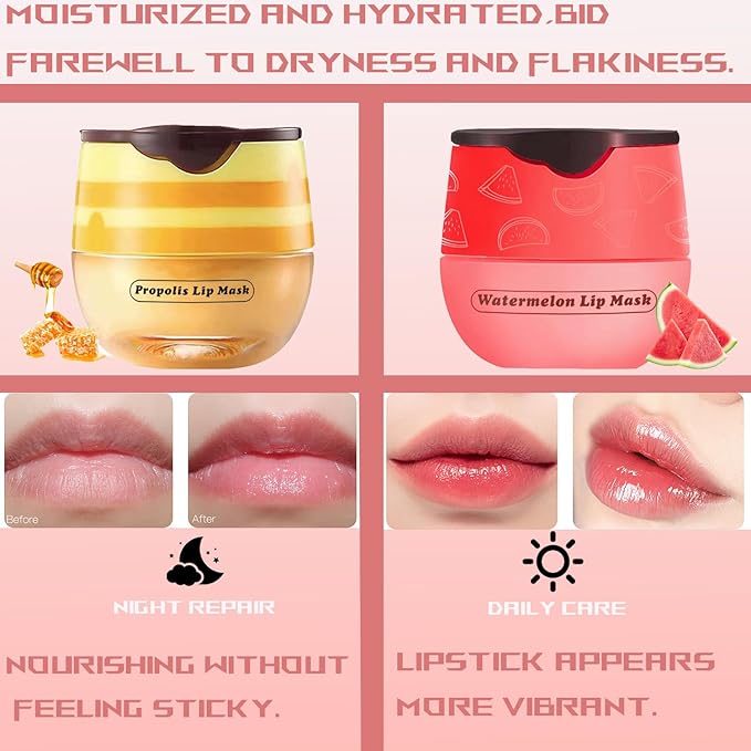 2 PCS Bee Lip Balm Honey Pot, Honey Watermelon Bee Lip Balm Sleeping Lip Mask Overnight with Sticks, Honey Pot Lip Balm Hydrating Exfoliating Prevention Dry and Crack Lip Scrubs