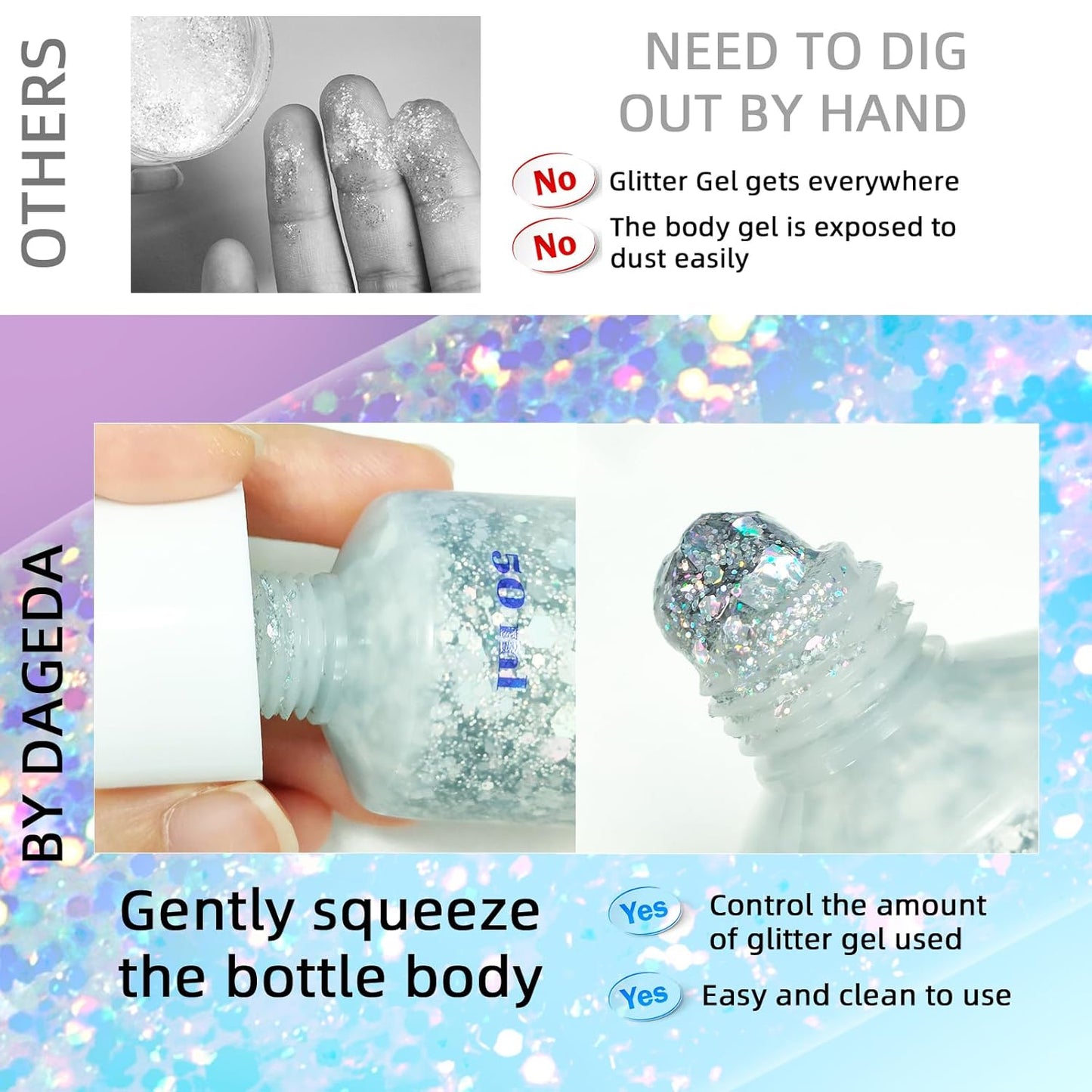 DAGEDA Body Glitter Gel, Body Sequins Shimmer Liquid Eyeshadow, Chunky Glitter for Face Hair Nails, Holographic Cosmetic Laser Powder Festival Glitter Makeup 50ml(Silver)