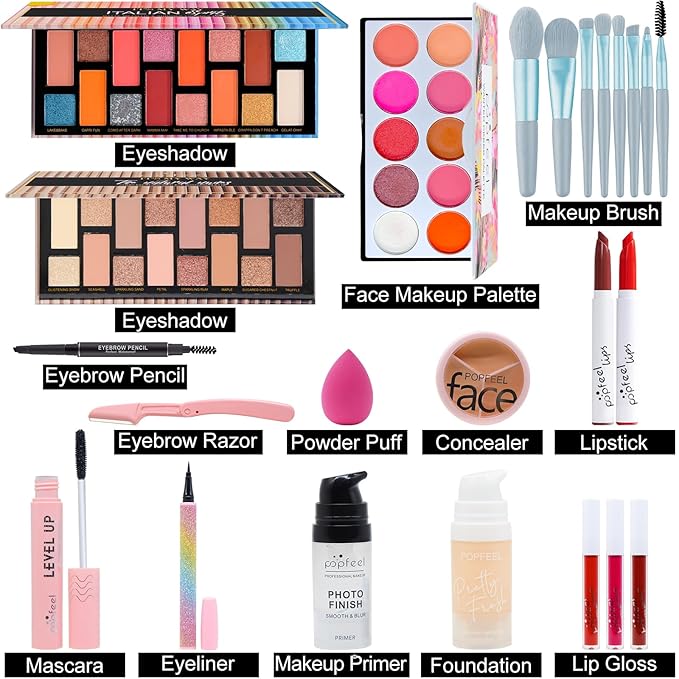 Makeup Kit for Women Full Kit, All-in-one Makeup Gift Set, Include Makeup Brush Set, Eyeshadow Palette, Lip Gloss Set, Lipstick, Foundation, Concealer, Mascara, Eyebrow Pencil