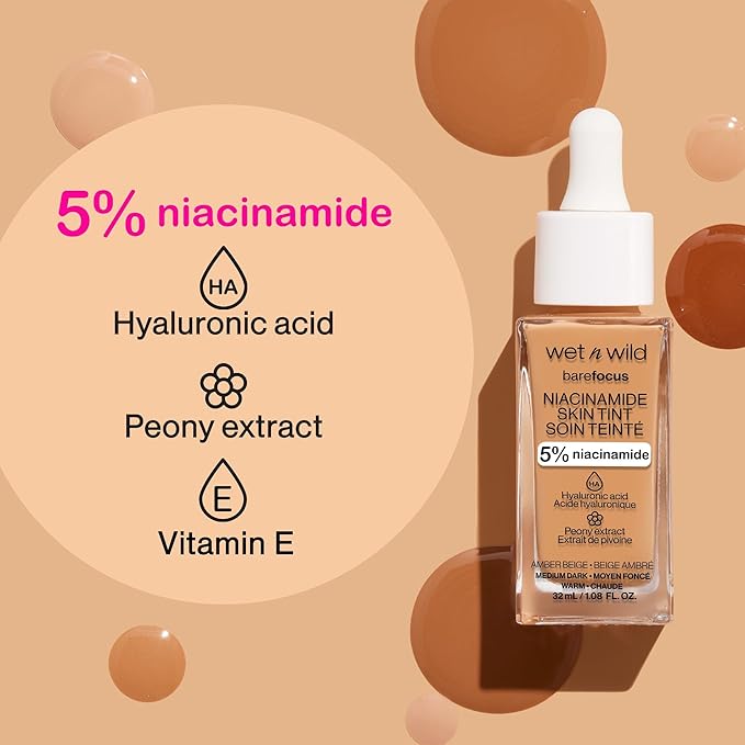 wet n wild Bare Focus Skin Tint, 5% Niacinamide Enriched, Buildable Sheer Lightweight Coverage, Natural Radiant Finish, Hyaluronic & Vitamin Hydration Boost, Cruelty-Free & Vegan - Light