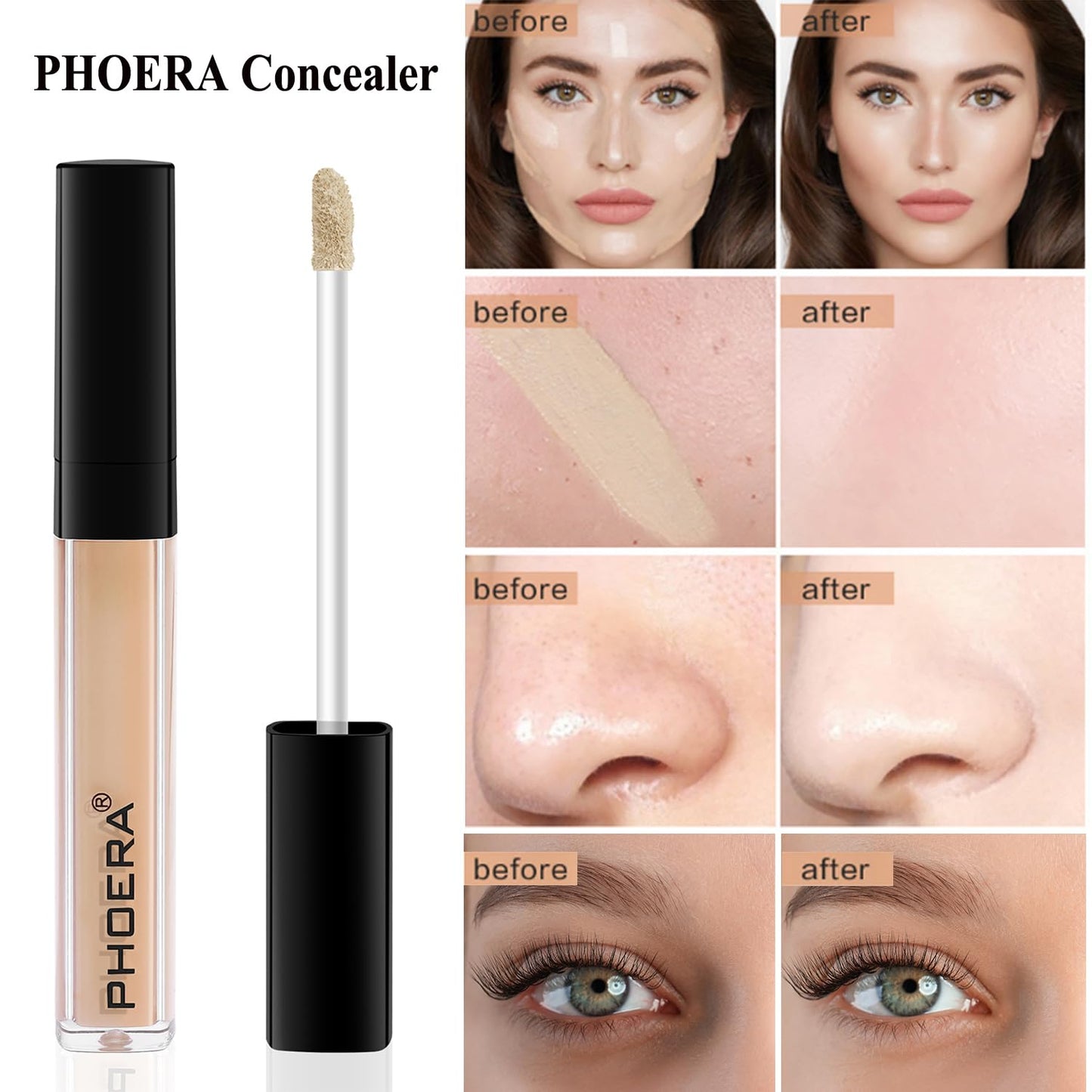 PHOERA Foundation,3 PCS Contour Stick Makeup Kit, Shades with Highlighter Stick, Blush Stick and Bronzer Contour Stick for Sculpt the Cheeks (102+104+Fair-Light Contour/Nude+Buff Beige+#03,#09,#12)