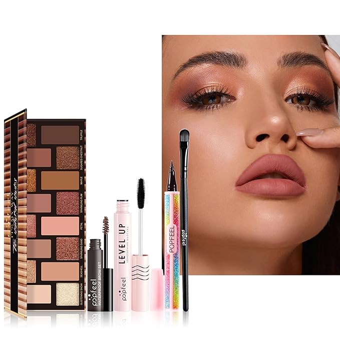All in One Makeup Kit, Full Starter Essential Makeup Kit for Women Beginners Includes Eyeshadow Palette Lipgloss Mascara Eyeliner Eyebrow Pencil Concealer Powder Puff Set