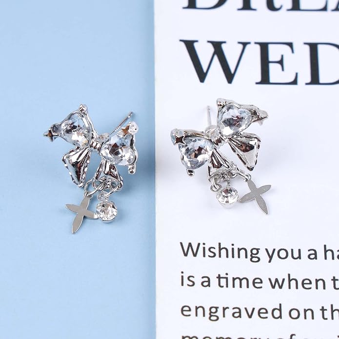 Vintage Crystal Bow Earrings Black Onyx Stud Earrings Silver Tiny Cross Drop Earrings Sparkly Cz Rhinestone Bow Earrings Jewelry for Women