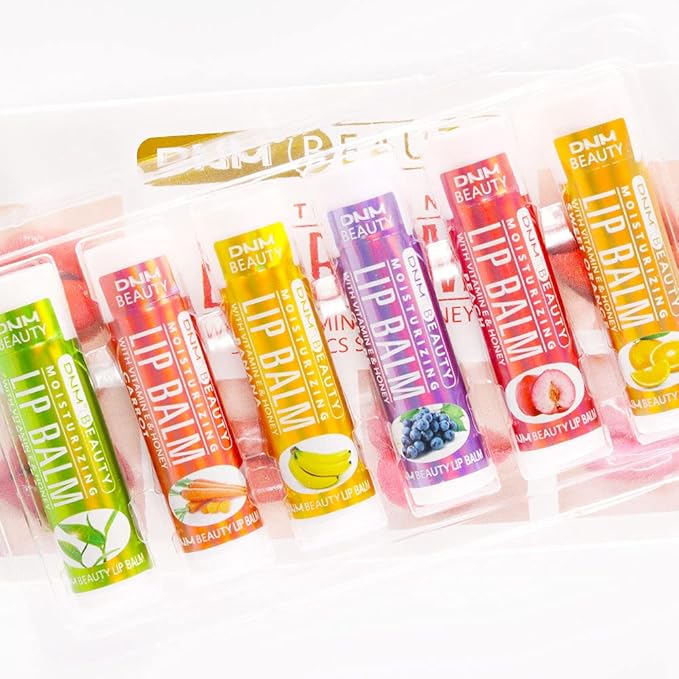 evpct 6Pcs Classic Fruit Flavour Flavored Lip Balm Set for Lip Care Chafed Chapped Cracked Lips, Natural Vitamin E & Honey Green Tea Carrot Banana Grape Peach Orange Moisturizing Mens Kids Lip Balm 3