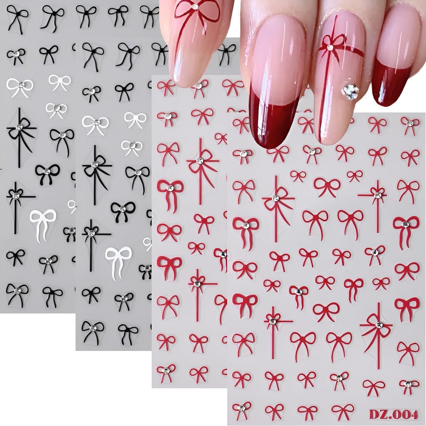 4 Sheets Bow Nail Stickers, 5D Embossed White Black Red, DIY Acrylic Nails, Bow Nail Supplies for Women