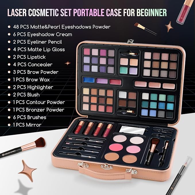 Multipurpose Makeup Kits for Teens Girls, Travel Makeup Set Non-toxic, Makeup Gift for Women Teen, Eyeshadows Blushes Bronzer Highlighter Concealer Lipgloss Eyeliner Lipliner Brushes Gold Case