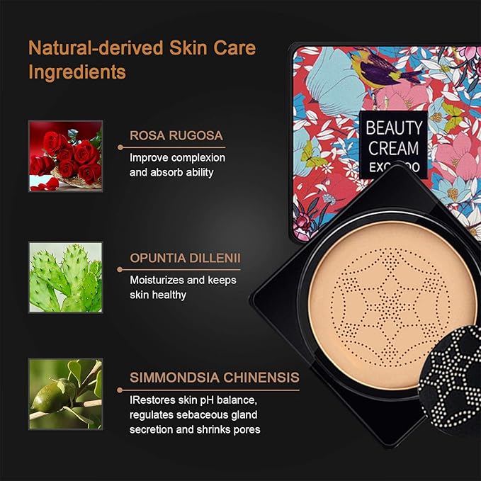 Mushroom Head Air Cushion CC Cream Foundation,Beauty Cream EXO TOO Moisturizing BB Cream, Long Lasting Matte Concealer with 2PCS Mushroom Head Sponges (Natural)