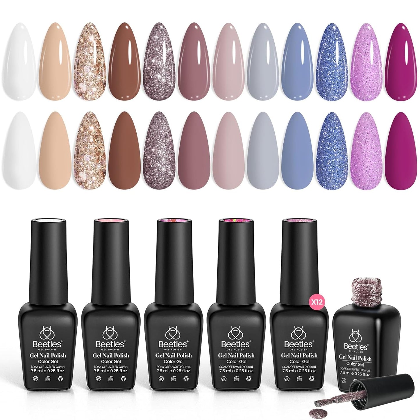 beetles Fall Gel Polish Set, 12 Colors Brown Purple Blue Gel Polish Glitter Neutral Autumn Nails Design Soak off Uv Led Lamp Needed Soft Pulse Nail Art Design Gifts for Women