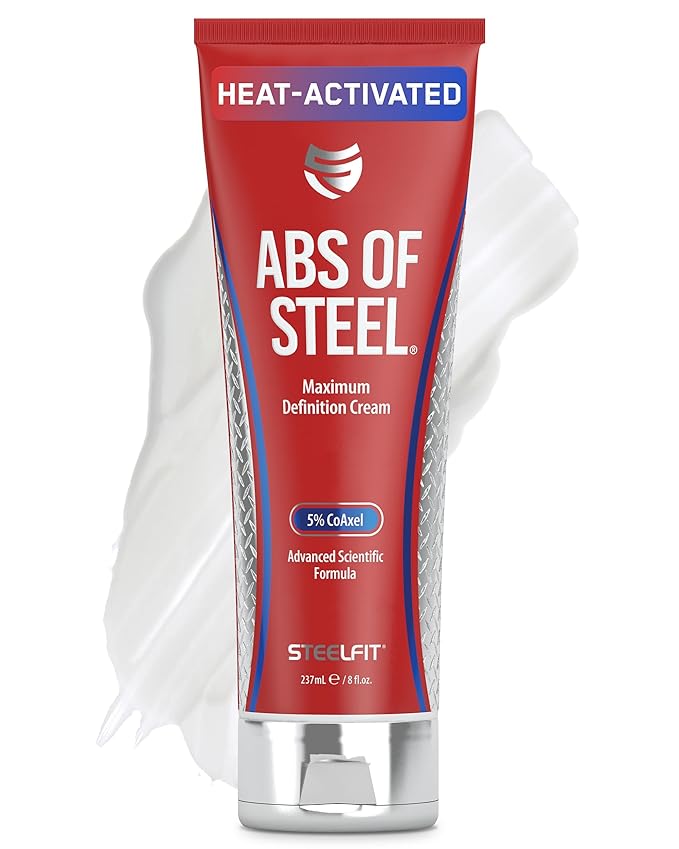 SteelFit Abs of Steel Maximum Definition Cream - Skin Tightening, Toning & Firming Lotion for Sculpting Abs - L-Carnitine Pre & Post Workout Supplement for Men & Women - Non-Greasy Formula, 8 Ounces