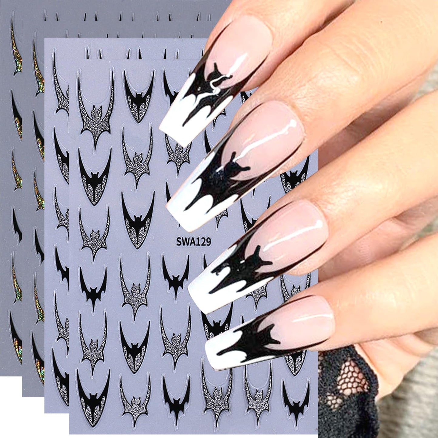 4pcs Halloween Bat Nails Art Stickers Glitter Holographic Gold Silver French Bat Design Adhesive Nail Decals Sliders Halloween French Sticker for Nails Supplies Accessories Y2K Manicure Decor
