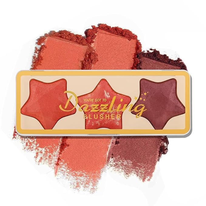 Boobeen 3 Colors Baked Shimmer Highlight & Blush Palette, Powder Palette Facial Bronzers Illuminator Makeup Palette, Lightweight Highlighter Blusher Contour for Cheeks, Lasting Natural Glowing