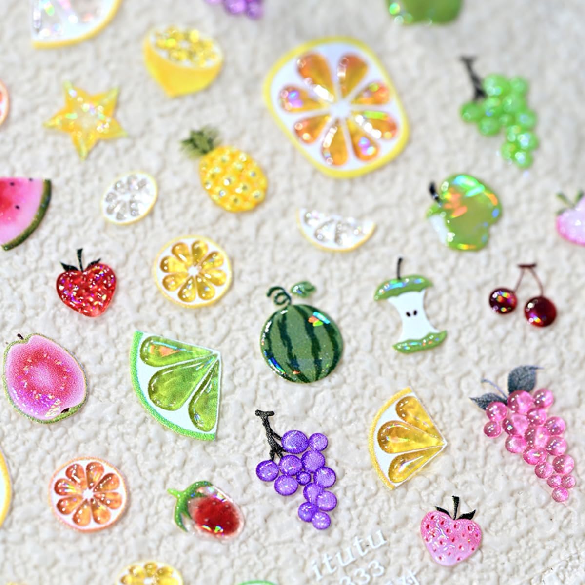 Summer Fruit Nail Stickers for Nail Art Iridescent Shimmer Nail Decals,Lemon Strawberry Grape Watermelon Stickers for Nails Designs 3D Self Adhesive Nail Supplies & Decorations for Women Girls 1 Sheet