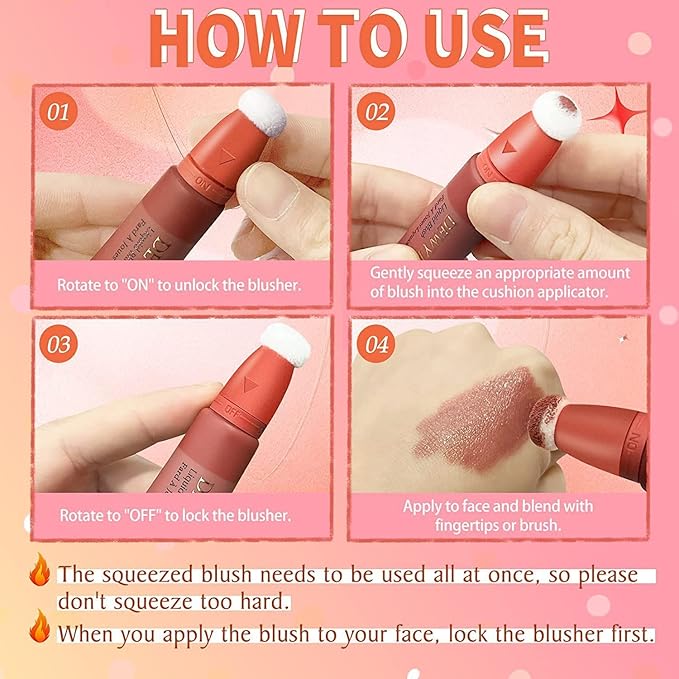 3 Color Blush Beauty Wand, Soft Matte Lightweight With Cushion Applicator Creamy Natural Shimmer Blendable Face Blush. (103# Rosa-Cool Pink+104# Cheery-Dark Rose+105# Ardour -Terracotta)
