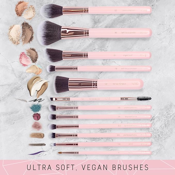 Niré Beauty 15piece Award Winning Pink Makeup Brushes: Pink Makeup Brush Set with Case, Makeup Sponge, Brush Cleaner, Guide, Gift Box