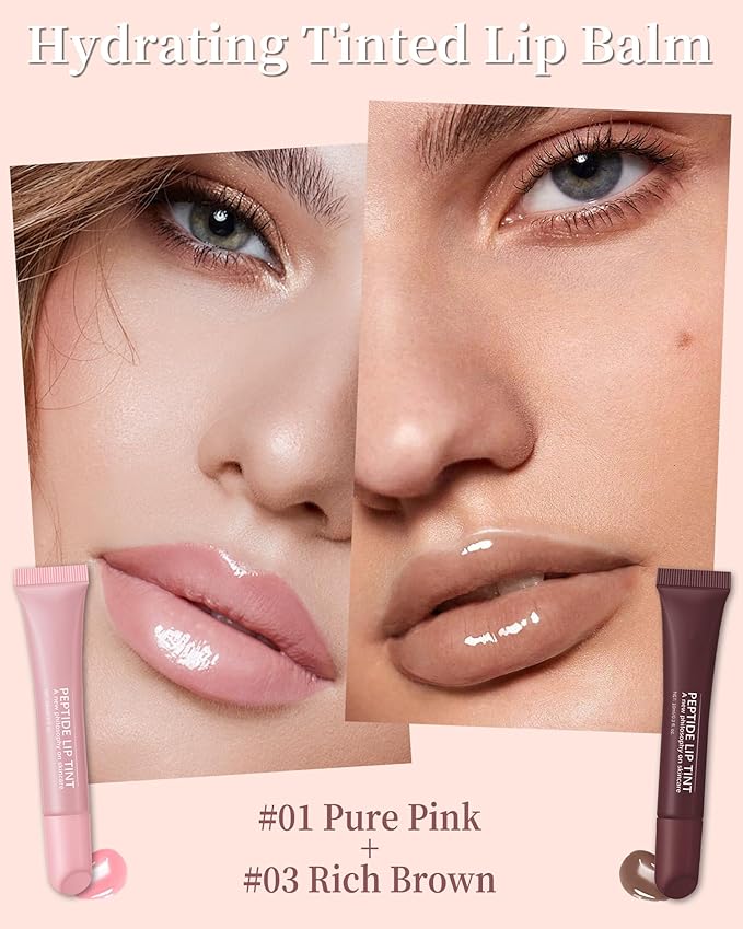 Tinted Lip Balm-2Pcs Pink Brown Peptide Hydrating Lip Tint Moisturizer,Jelly Glossier Lip Treatment Balm,Non-Stick Glow Reviver Lip Care Oil,Yummy Glowy Lip Gloss,Thanksgiving Makeup for Women-01+03