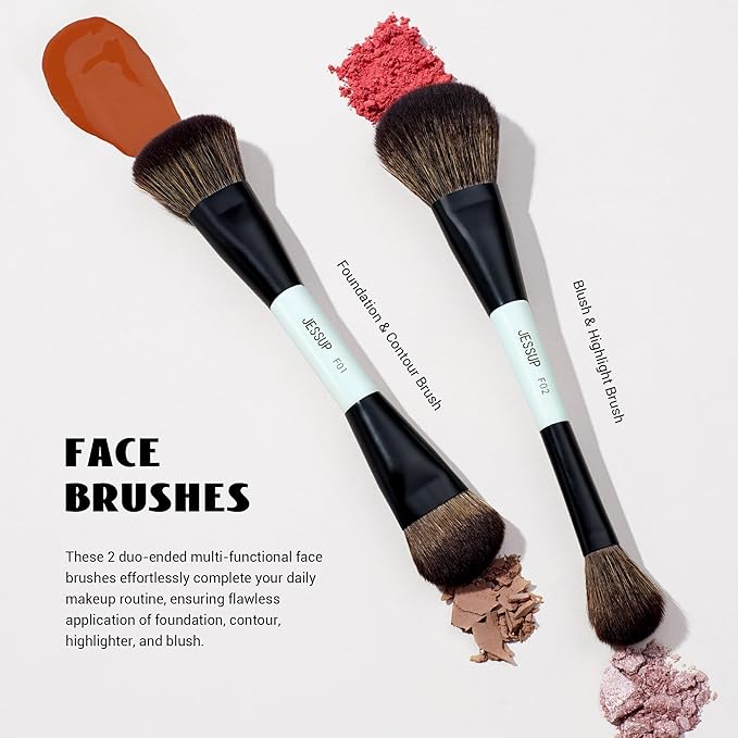 Jessup Makeup Brush Set 6pcs Double Sided Makeup Brushes Foundation Contour Blush Highlight Blending Eyebrow Brush Eyeshadow Brush, Vegan Fiber Make up Brush Bright Cyan T501