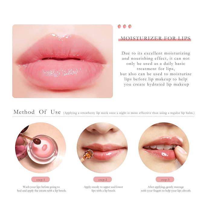 2PCs Strawberry Lip Sleeping Mask,Bee Lip Balm Honey Pot, Bee Lip Honey Pot with Wand Nourishes Lips, Overnight Strawberry Propolis Honey Balm Lip Mask for Lip Care Moisturize Lip Skin