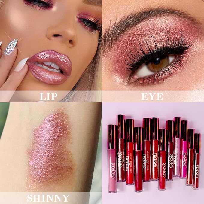 evpct 2Pcs Mauve Red & Bronze Gold Matte to Glitter Liquid Lipstick Long Lasting Lip Set Kit for Women Diamond Shiny Glitter Sparkly Glossy Metallic Shimmer Sparkle Waterproof Lipstick Lip Gloss 02+05