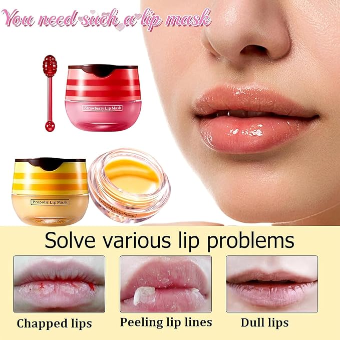Bee Lip Balm Honey Pot, 2 Pcs Strawberry & Honey Lip Masks Hydrating Prevention Dry and Cracked Lip Scrubs Exfoliator (Strawberry & Honey)