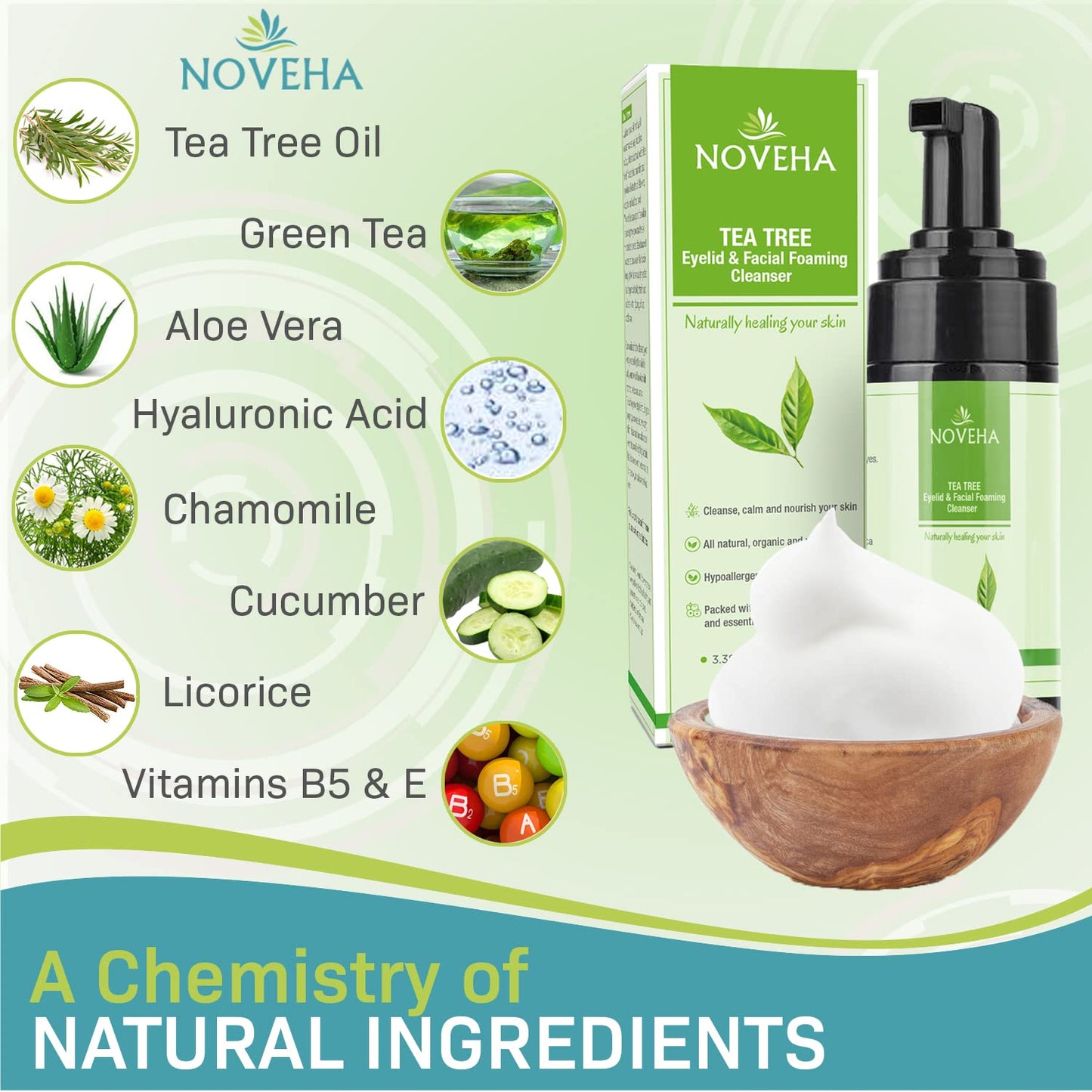 NOVEHA Tea Tree Oil Foaming Cleanser - Therapeutic Daily Skincare For For Eyelash & lids, MGD, Stye Eyes, Skin Dryness, Moisturize with Organic Ingredients, For All Skin Types (2 Pack)