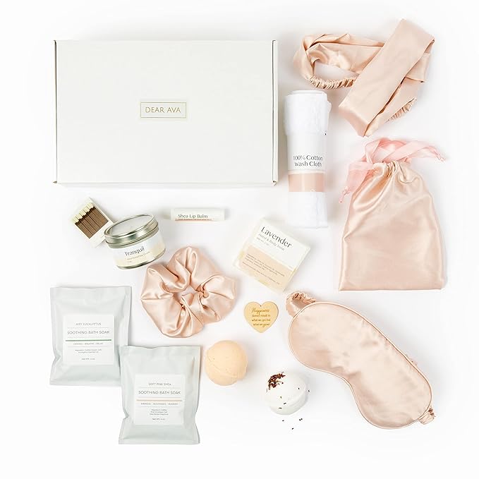 Dear Ava Spa Gifts for Women | Organic Self Care luxury Anti Stress Relaxing Bath and Body Kit Set Basket Box for Her with Heartfelt Card | Premium Spa Gift for Best Mom