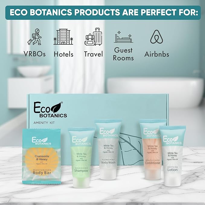 Eco Botanics Amenity Kit | Boxed Hotel Toiletries | Bulk Set 0.85 oz Travel Size Shampoo, Conditioner, Lotion, Body Wash & Body Bar Soap for Guest Hospitality AirBnB/Vacation Rentals | 1 set per case