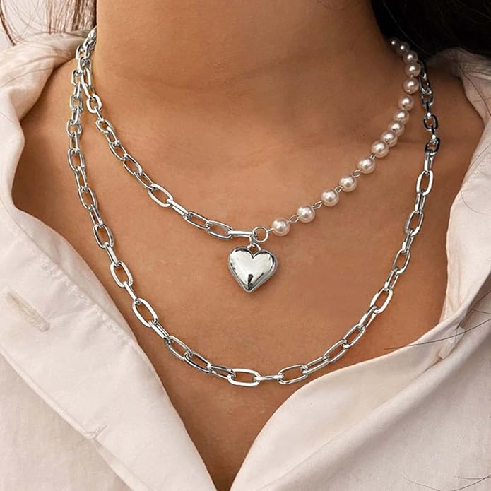 Boho Layered Pearl Choker Necklace Chain Vintage Gold Heart Pendant Cuban Chain Necklace Rock Statement Pearl Heart Necklace Asymmetrical Pearl Strand Necklace Jewelry for Women and Girls