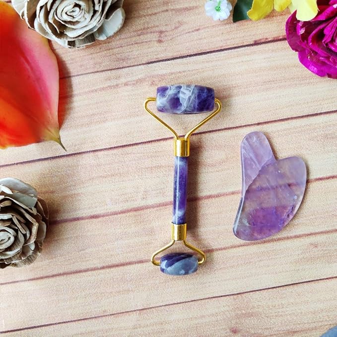 Amethyst Massage Roller and Gua sha Set | Reduces Wrinkles, Fine lines and Dark Circles | Pink Jade Roller | Anti-aging Massager for Skin Toning and Tightening for Face, Eyes, Neck