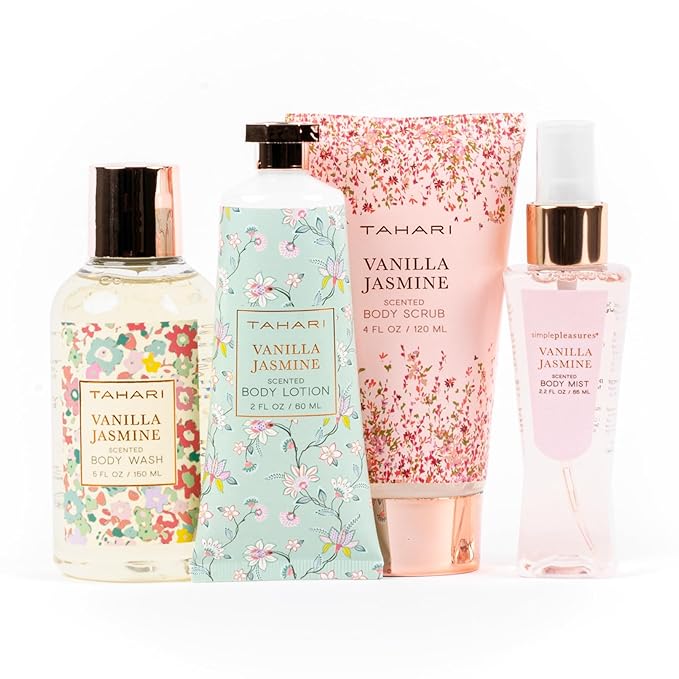Tahari Spa Gift Set for Women, Vanilla Jasmine Spa Set, Bath Kit for Women Gift Set Includes Body Lotion, Body Wash, Body Scrub, Lotion Gift Set for Women, Birthday Gifts For Women - (Floral)