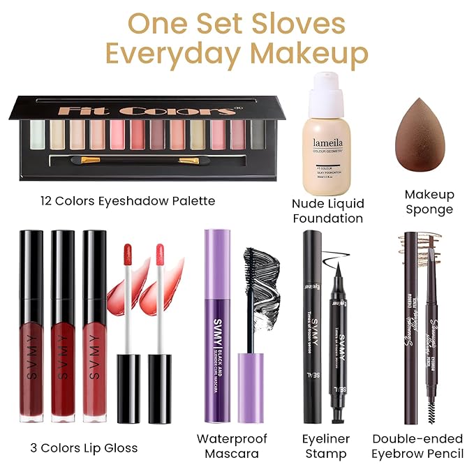 Makeup Present Set for Teen Girl, Travel Makeup Kit for women, Makeup Full Kit for Beginner & Professionals, Makeup Bundle Include 12 Color Matte Eyeshadow Palette, Natutal Foundation, Lip Gloss