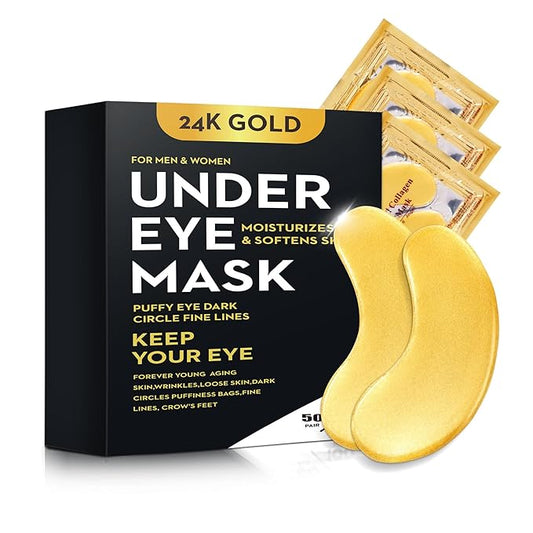 100Pcs/50Pairs Under Eye Patches Gold for Dark Circles, Puffy Eyes, and Wrinkles, 24K Gold Eye Mask for Face, Eye Cream for Men and Women