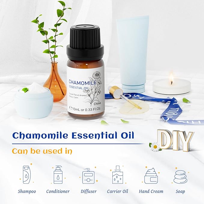 HIQILI 0.33 Fl Oz Chamomile Essential Oil, Air Purifying, Relaxing, Skin Care, Can be Added to Fresheners, Foot Baths, Body Lotions Use - 10ml