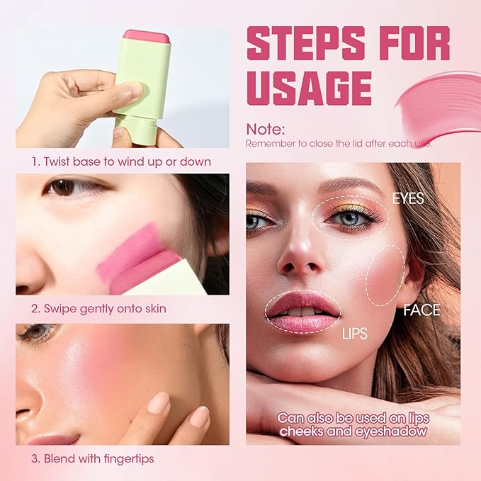 Buqikma Blush Stick Hydrated Solid 2PCS Blush Stick for Cheeks - Soft Cream Blush Stick Natural Matte Makeup Blush Stick Cream Blush Moisturizer Stick for Face,Lips and Eyes (Shy Pink+Orange)