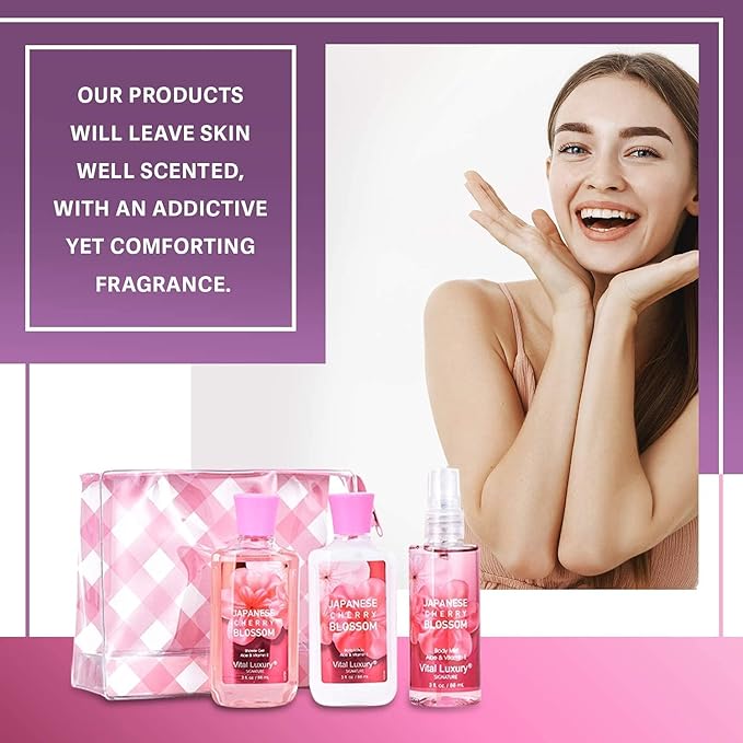 Bath & Body Kit Japanese Cherry Blossom, 3 Fl Oz, Ideal Skincare Gift, Home Spa Set, Includes Body Lotion, Shower Gel and Fragrance Mist, Perfect for Christmas Gifts and Festive Pampering