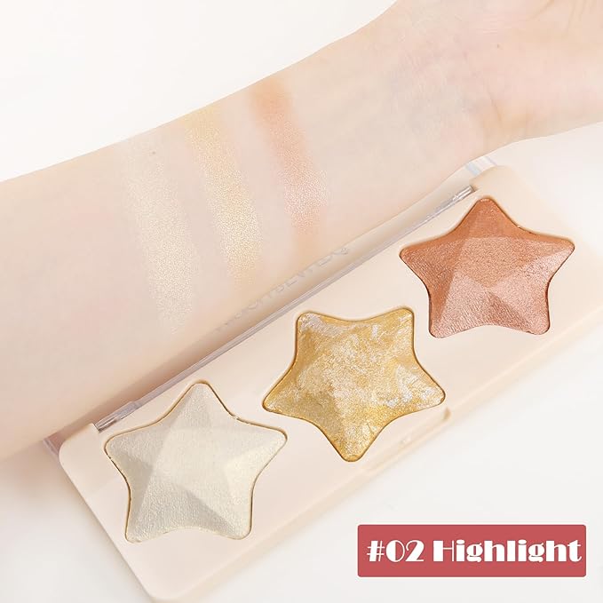 Boobeen 3 Colors Baked Shimmer Highlight & Blush Palette, Powder Palette Facial Bronzers Illuminator Makeup Palette, Lightweight Highlighter Blusher Contour for Cheeks, Lasting Natural Glowing