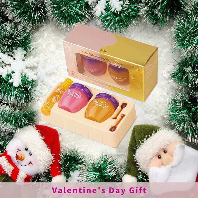 2PCS Lip Mask Overnight, Honey&Sakura Day and Night Repair Sleeping Lip Balm, Fade Lip Lines Bee Balm, Hydrating &Prevention Dry and Crack Lip Scrubs Exfoliator