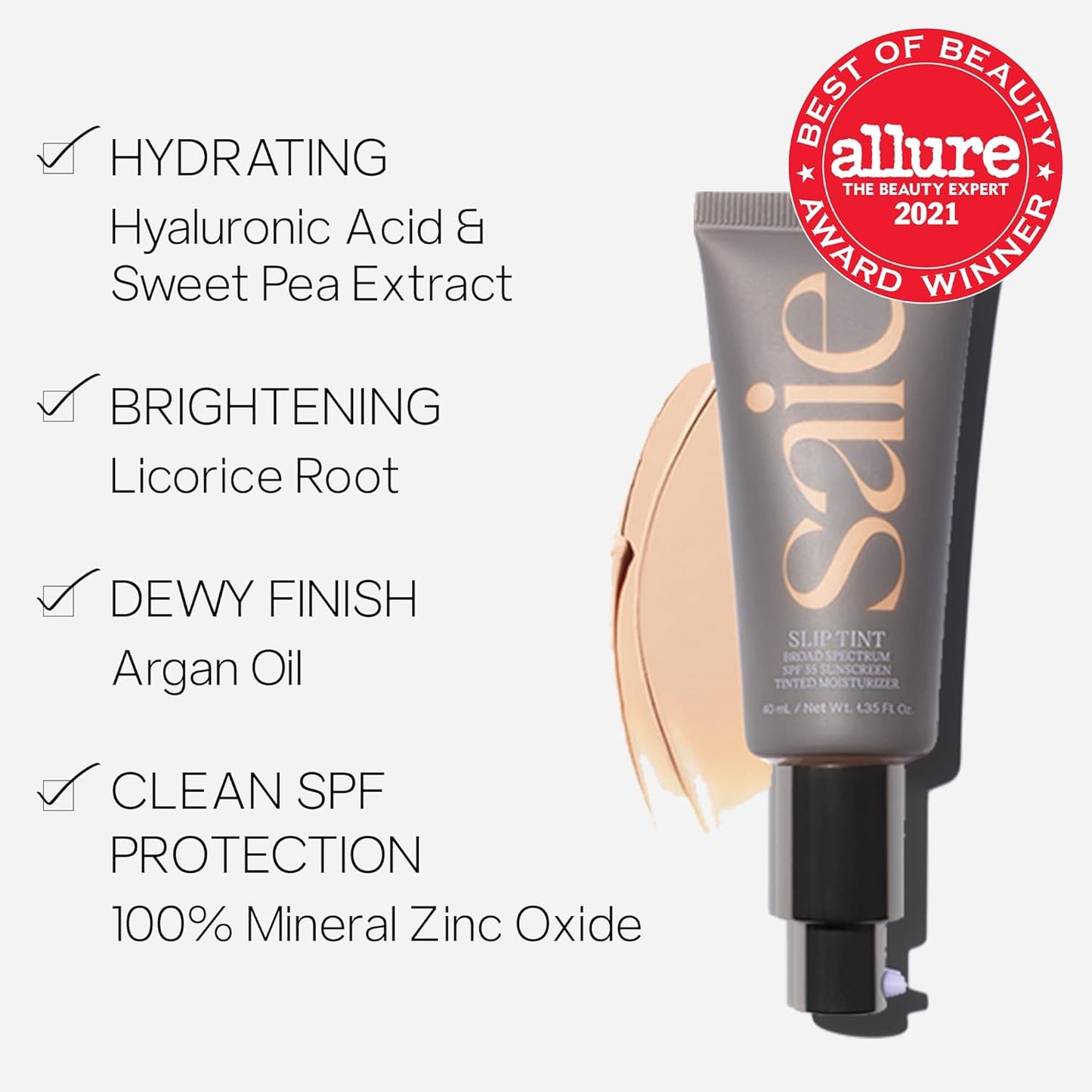 Saie Slip Tint SPF 35 Tinted Moisturizer - Light Coverage Moisturizer + Broad Spectrum Zinc Oxide Sunscreen with Hydrating Hyaluronic Acid - Shade Two (1.35 oz)