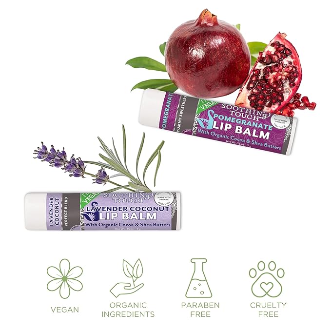 Vegan Lip Balm Set - Pack of 6 Soothing Touch Lip Balms. Includes Muslin Pouch & Lip Balm Holder Keychain (Pink): Pomegranate, Lemon Cardamom, Grapefruit, Vanilla Rose, Vanilla Chai, Lavender Coconut