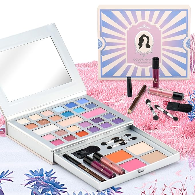 Color Nymph Makeup Kit for Teens, All in One Makeup Kit for Women Included 24 Colors of Matte Shimmer Eyeshadow, Highly Pigmented Lip Glosses, Eyeliner Pencil, Brushes, and Mirror