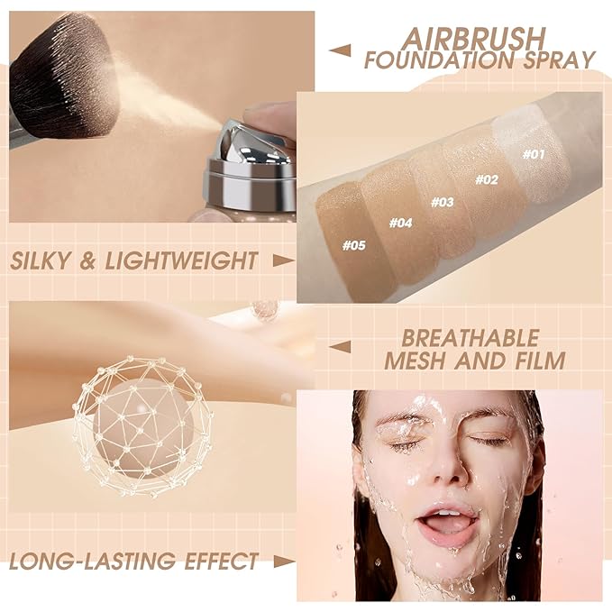 AirBrush Foundation Spray, Silky Mist Foundation Spray Makeup Set with Brush, Full Coverage Foundation for Smooth Radiant Finish, Formula Breathable Lightweight Hydrating | #04 Buff Beige