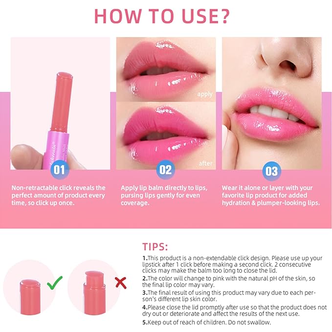 Juicy Lip Plump Shift, Click Melting Lip Balm Lasting Tint Hydrating & Nourishing Lip Care Moisturizer Glossy Color Changing Lip Gloss Non Sticky Lipstick Vegan Tinted Lip Balm (#1 Rose)